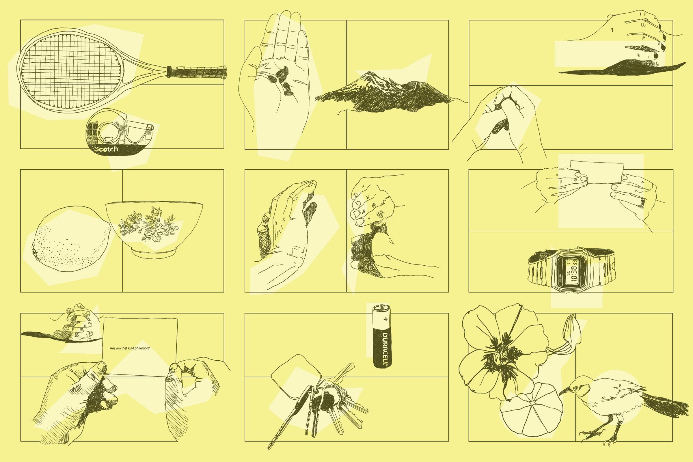 Collage of drawings on yellow background of various objects and hands