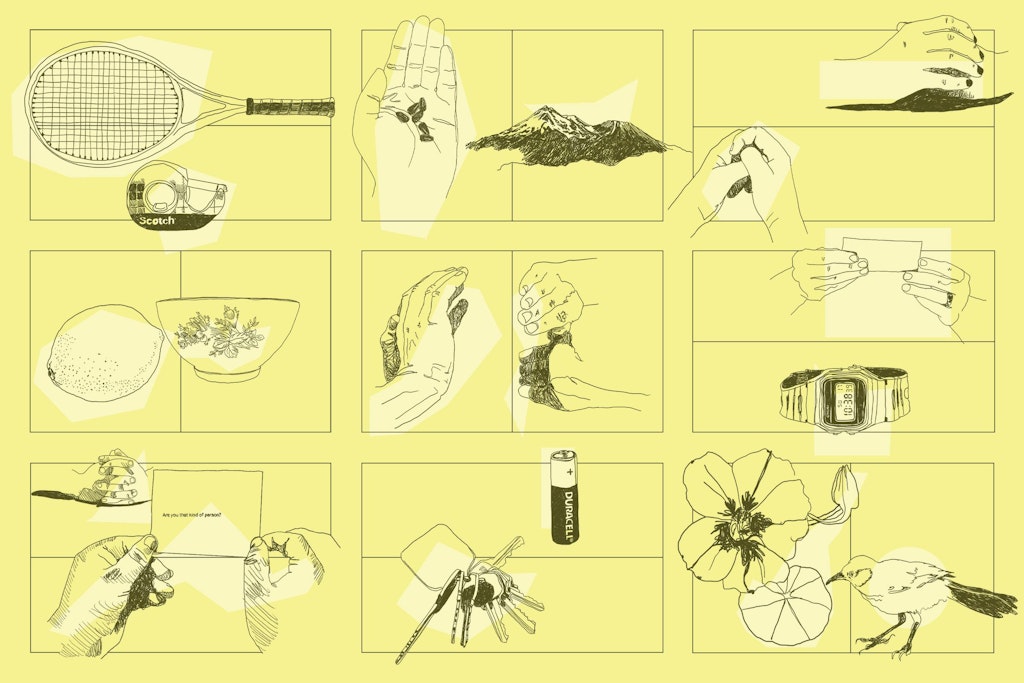 Collage of drawings on yellow background of various objects and hands