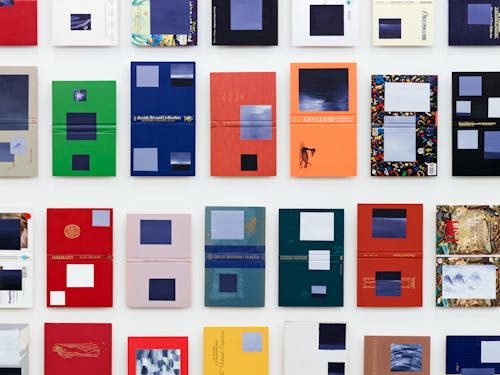 An image showing a number of books attached to a wall, each painted with a rectangle of acrylic paint.