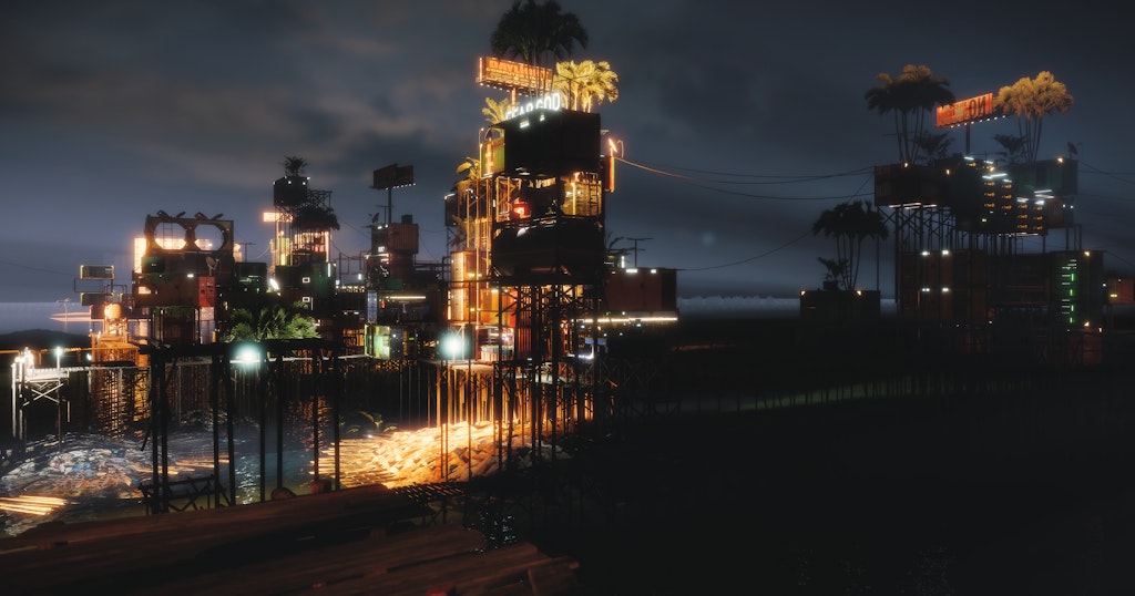 Still from Mad Horse City showing buildings at night