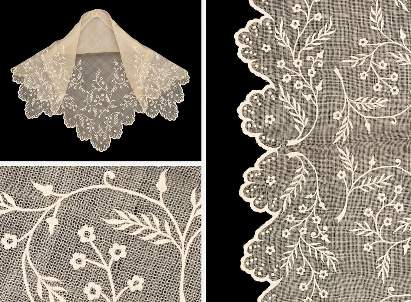 A head wrap made of sheer white lace.