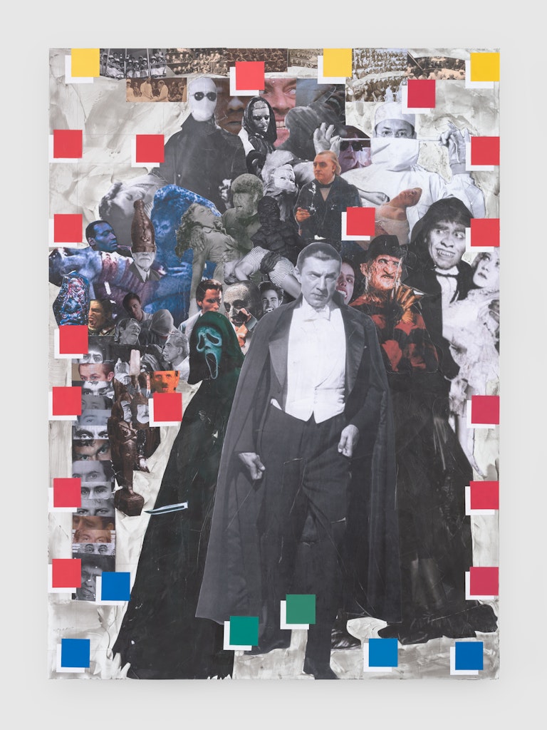 A colorful collage with images of Dracula and horror movie characters. Different colored squares surround the collage.