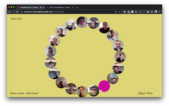 A screenshot of a website with a circle made out of circle photos of adult faces.