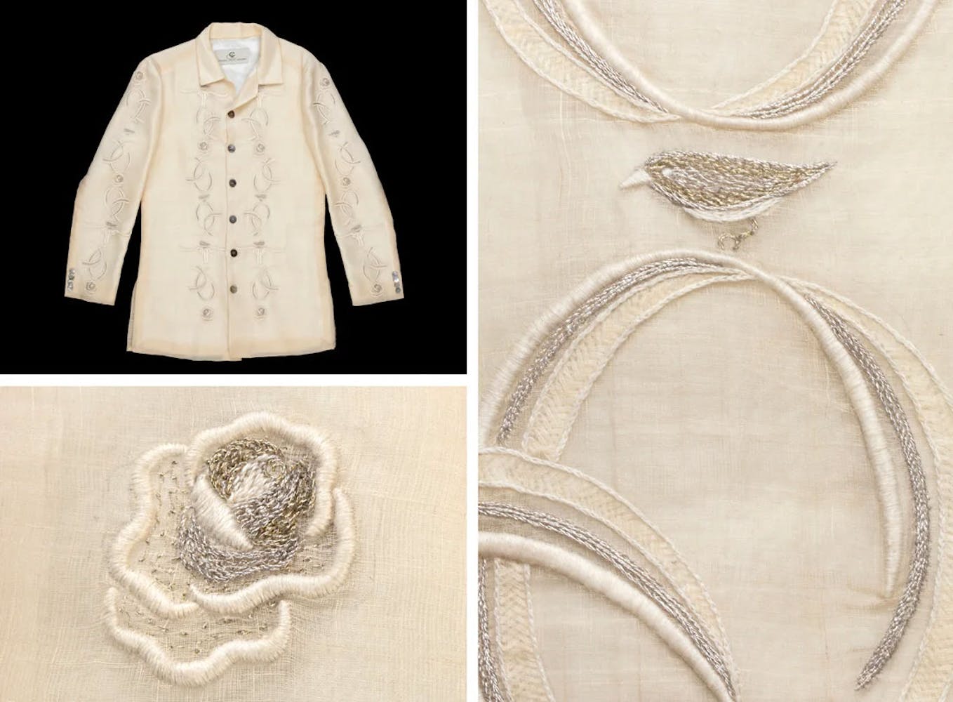 A white formal jack with elaborate flowers, plants, and whildlife woven into it.