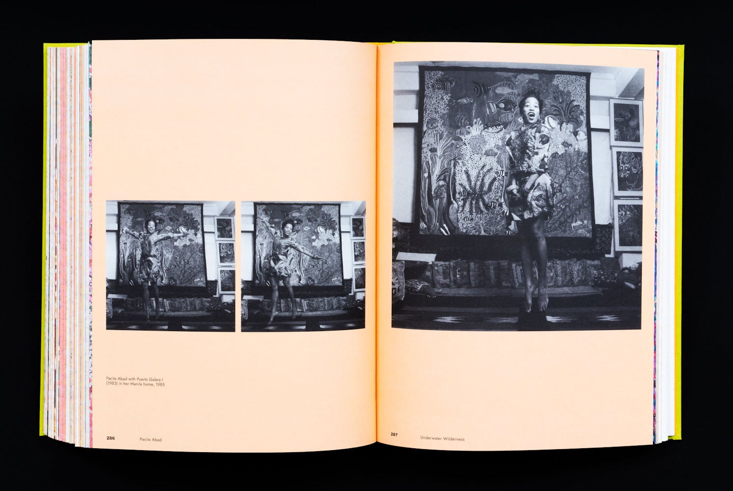 Spread of a catalogue with images of a woman jumping.