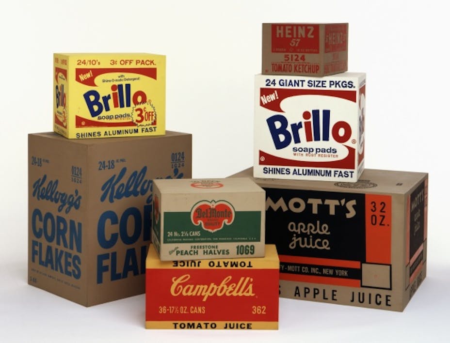 Andy Warhol, Yellow Brillo Box, 1964; White Brillo Box, 1964; Mott&#8217;s Apple Juice Box, 1964; Heinz Tomato Ketchup Box, 1964; Del Monte Peach Halves Box, 1964; Campbell&#8217;s Tomato Juice Box, 1964; Kellogg&#8217;s Corn Flakes Box,&nbsp;1964