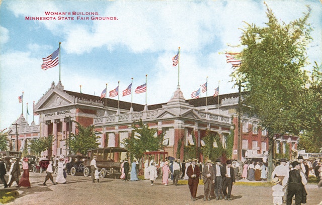 Color illsutration of adults around a large wooden expo building in the late 1800s. In the corner are the words," Woman's Building, Minnesota State Fair Grounds."