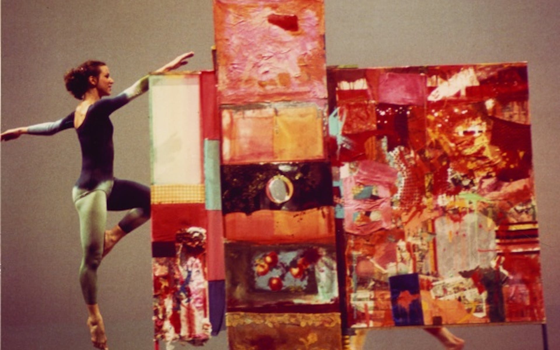 Merce Cunningham Dance Company performing Minutiae (1954) against the backdrop of Rauschenberg’s work of the same name