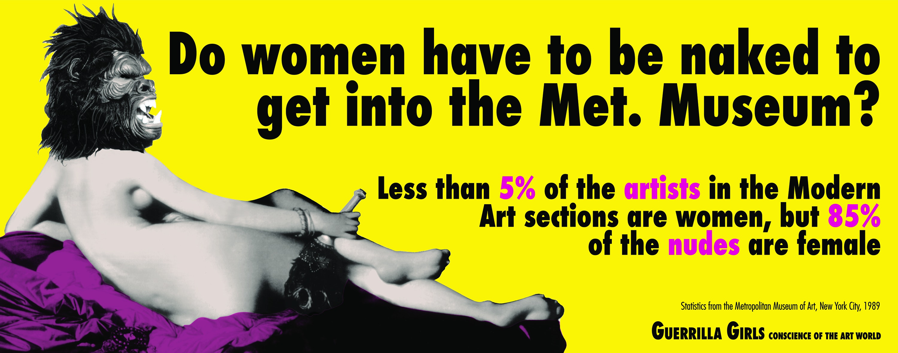 A nude woman’s body with a gorilla mask for a head. Beside it, block text reads: “Do women have to be naked to get into the Met. Museum? Less than 5% of the artists in the Modern Art section are women, but 85% of the nudes are female."
