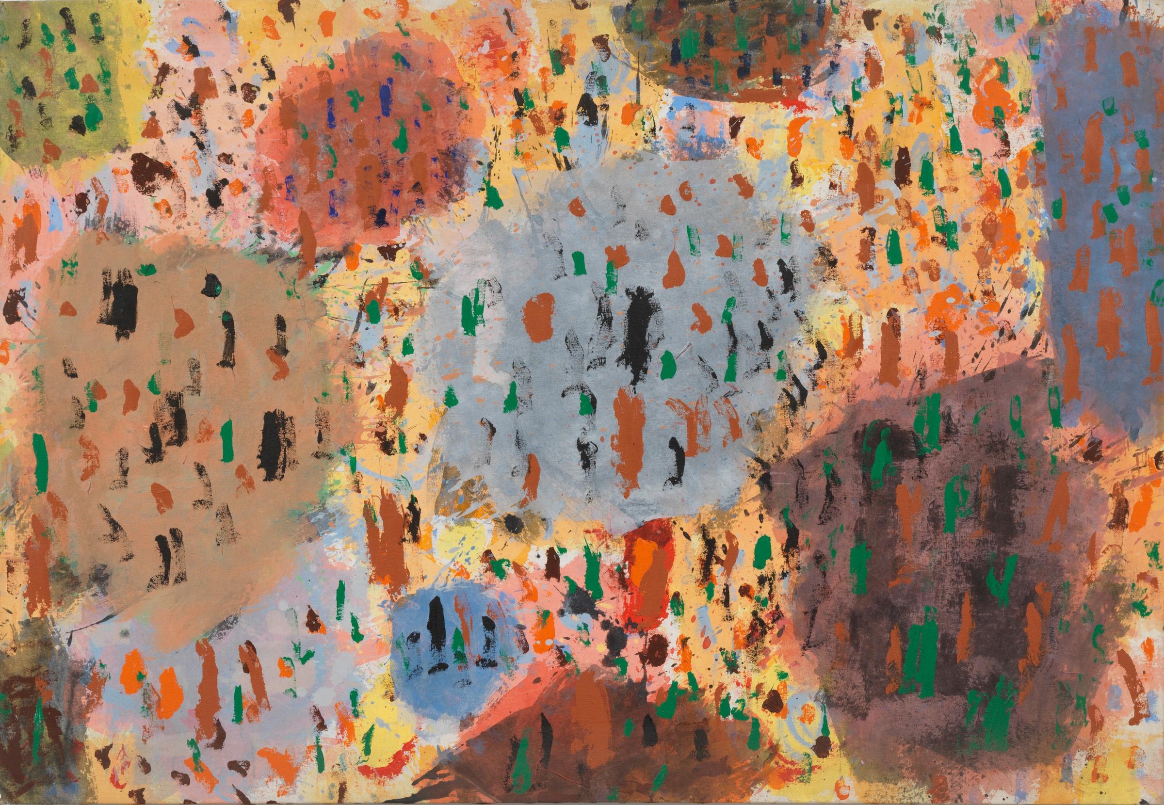 Colorful circular blobs in the background with multicolored dashed lines atop.