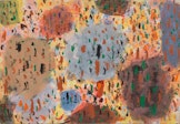 Colorful circular blobs in the background with multicolored dashed lines atop.