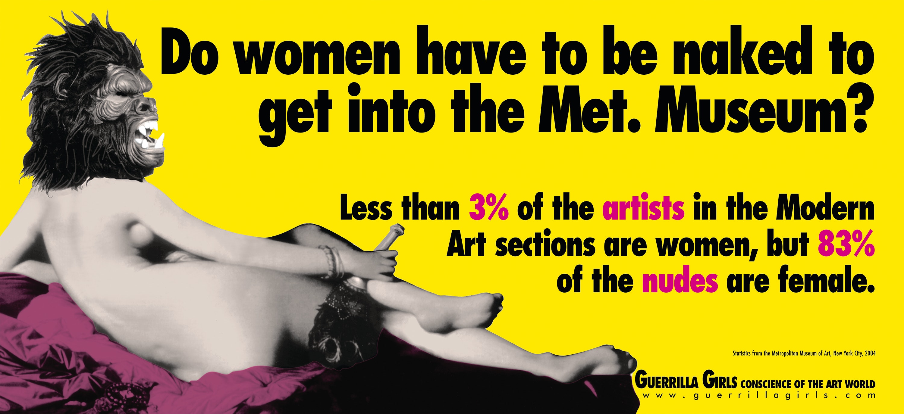 A nude woman’s body with a gorilla mask for a head. Beside it, block text reads: “Do women have to be naked to get into the Met. Museum? Less than 3% of the artists in the Modern Art section are women, but 83% of the nudes are female.”