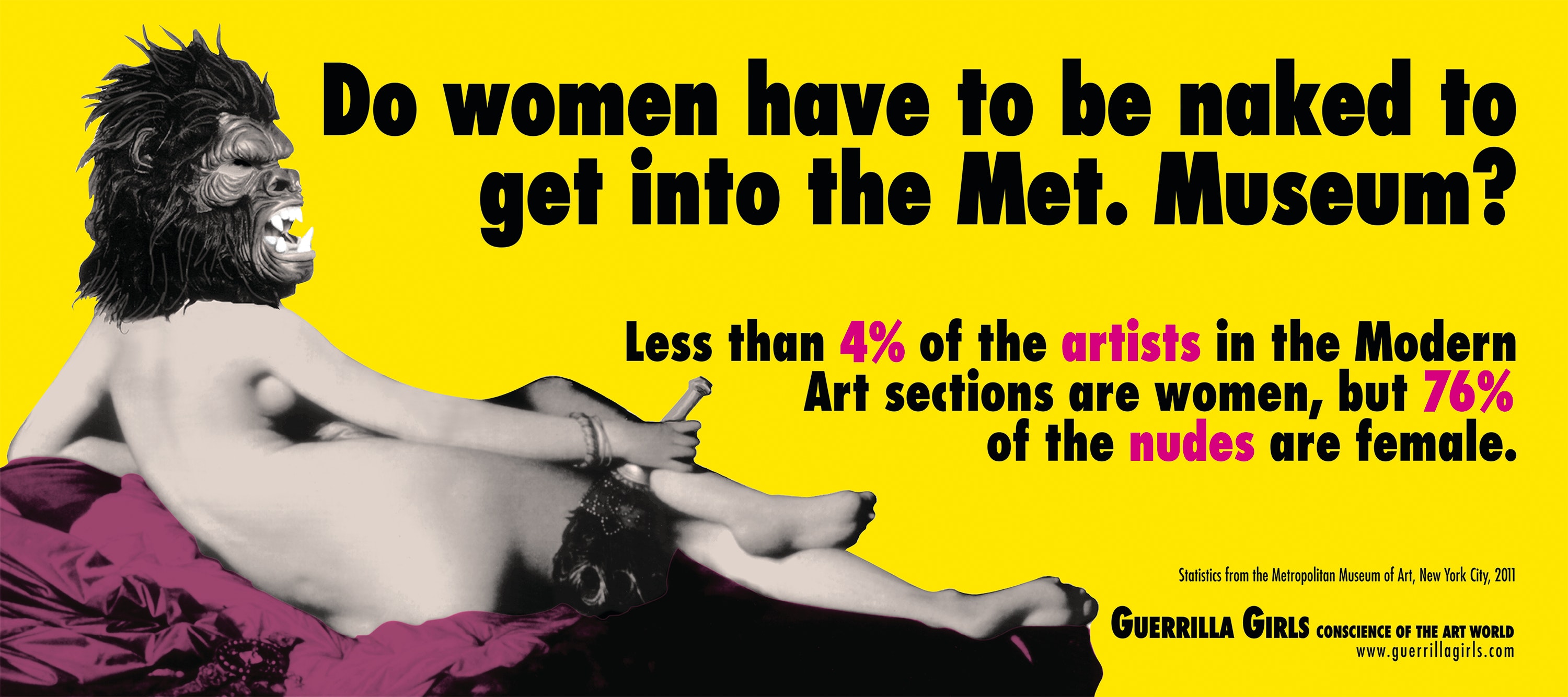 A nude woman’s body with a gorilla mask for a head. Beside it, block text reads: “Do women have to be naked to get into the Met. Museum? Less than 4% of the artists in the Modern Art section are women, but 76% of the nudes are female.”