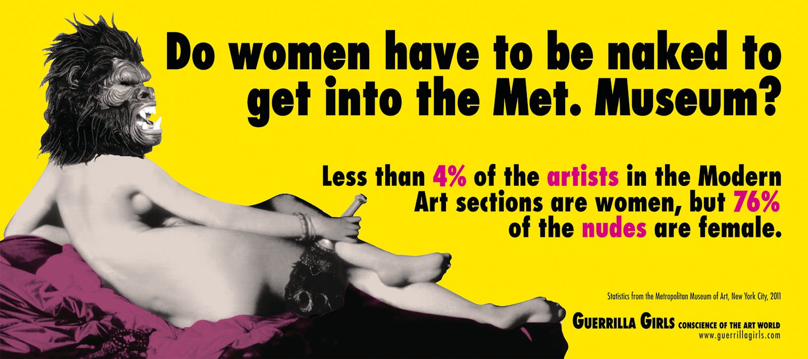 A nude woman’s body with a gorilla mask for a head. Beside it, block text reads: “Do women have to be naked to get into the Met. Museum? Less than 4% of the artists in the Modern Art section are women, but 76% of the nudes are female.”