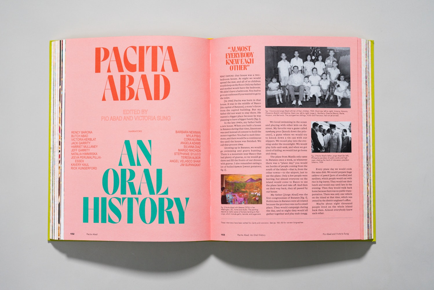 Spread of a large art book is open to a page of an essay with the title Pacita Abad: An Oral History.