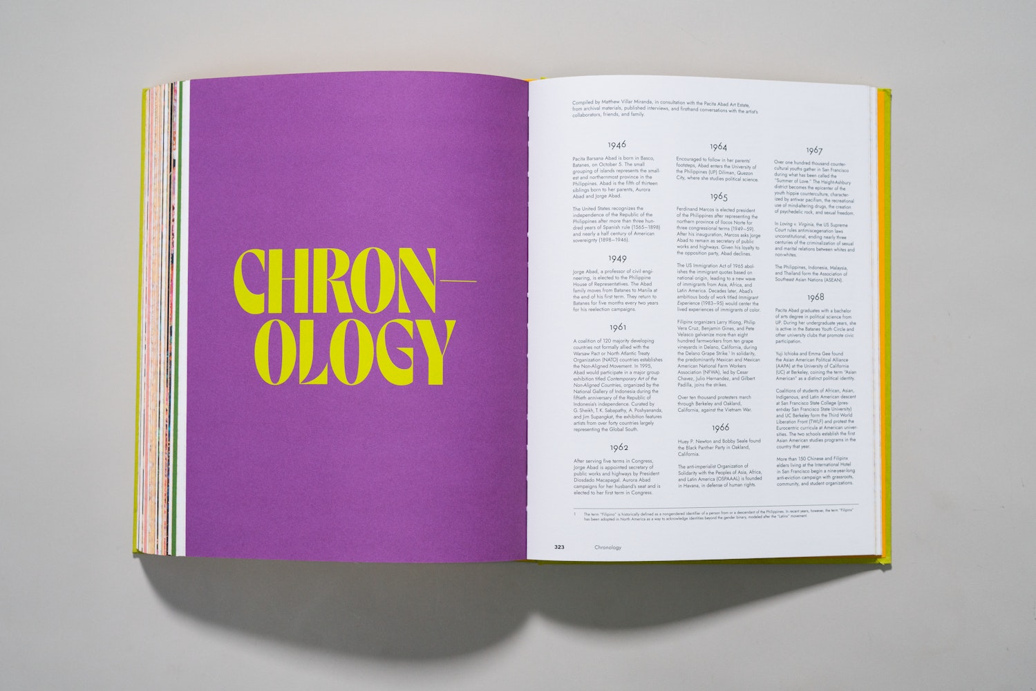 Spread of a large art book is open to a page of an essay with the title Chronology.