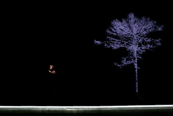 A woman stands on a darkended stage next to a video projection of a tree.