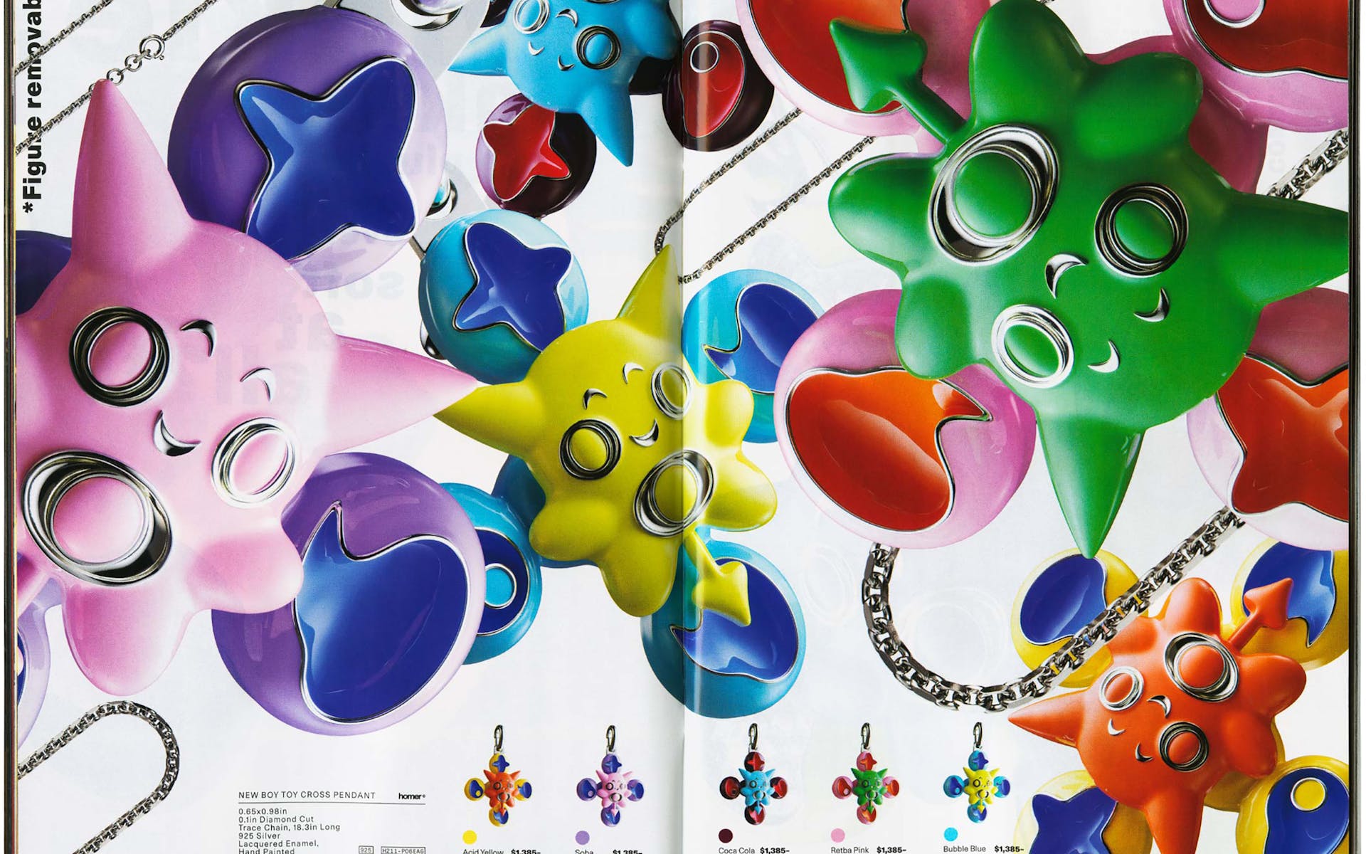 Magazine spread featuring multicolored blog shapes and jewelry