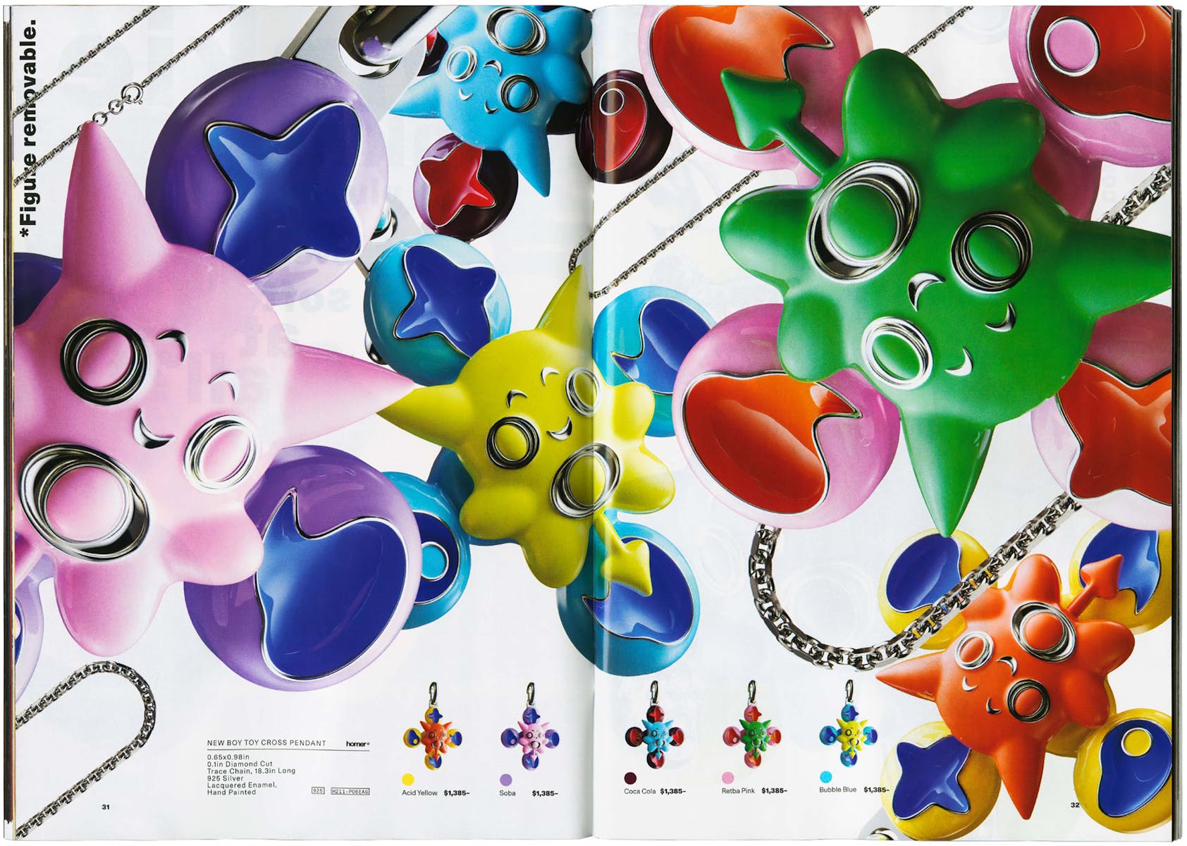 Magazine spread featuring multicolored blog shapes and jewelry