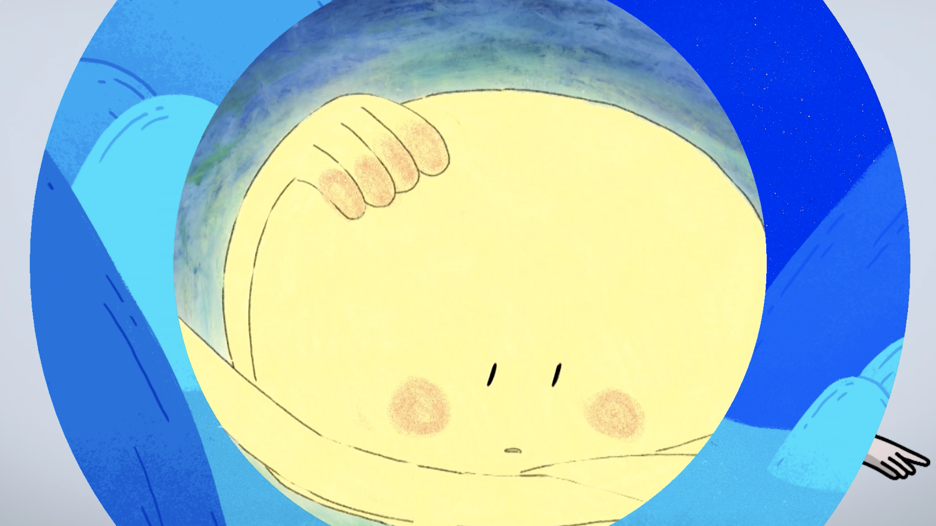 Cartoon of a face on a large yellow circle with a hand on its head is frammed by blue circles.