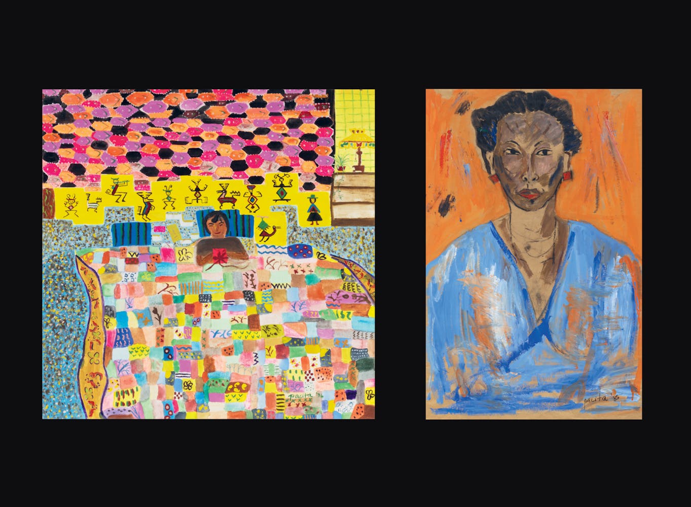 Two colorful paintings of figures.