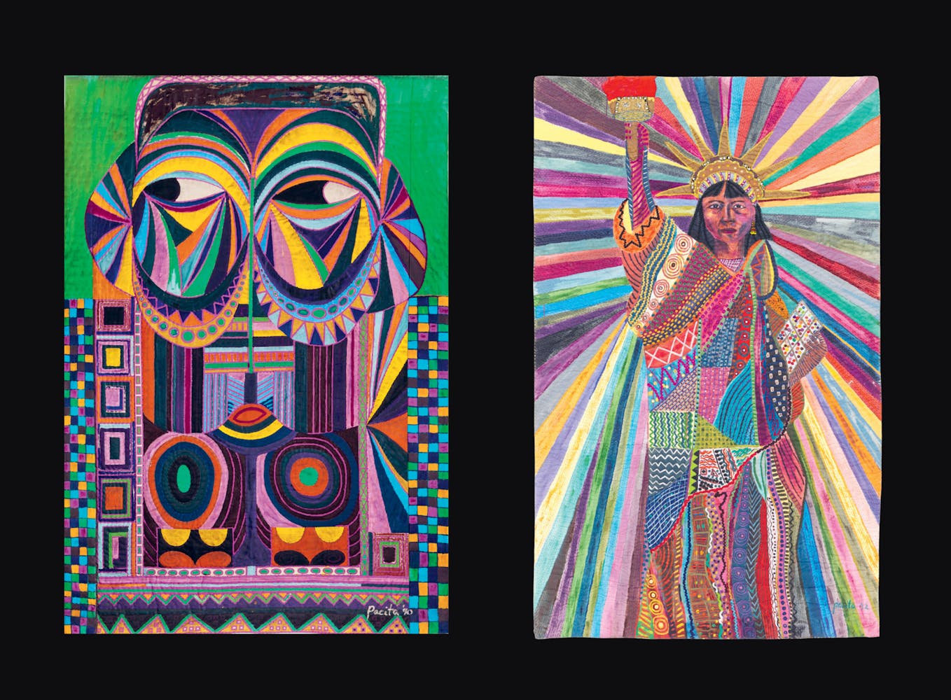 Two colorful paintings of figures.