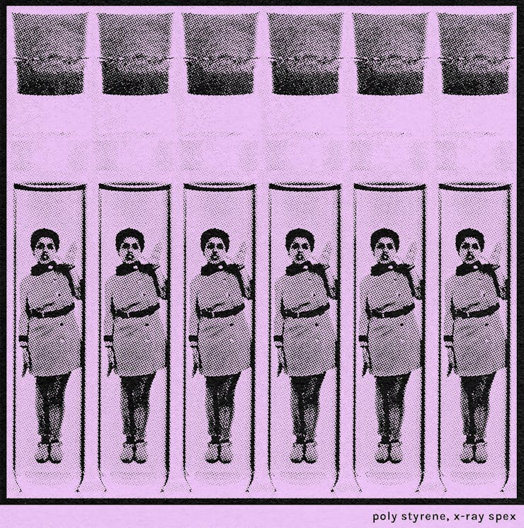 Artist rendering. The image is rendered in a halftone dot pattern on a lavender background with a grainy photocopier texture. It shows a repeating image (six times) of a young person trapped in a clear elongated glass test tube. The person has short black hair and is wearing a dress with a thick collar; large metallic buttons go down the middle left side, and there is a thick belt across the waist. The dress goes down to their thighs and on their legs they are wearing shiny metallic leggings and clogs on their feet. Their left hand is raised up by their face, palm open and thumb and forefingers extended. Their right hand is straight down by their waist, palm on their hip and fingers extended.