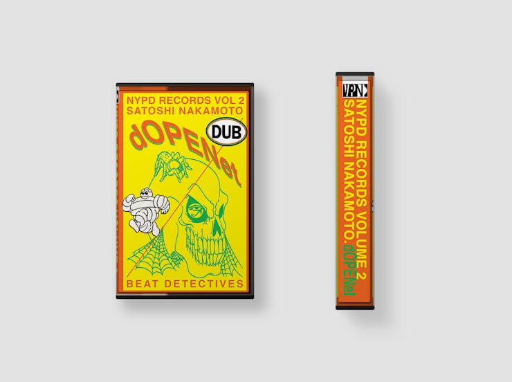 Front and spine of cassette tape packaging featuring bright colors and distorted typography