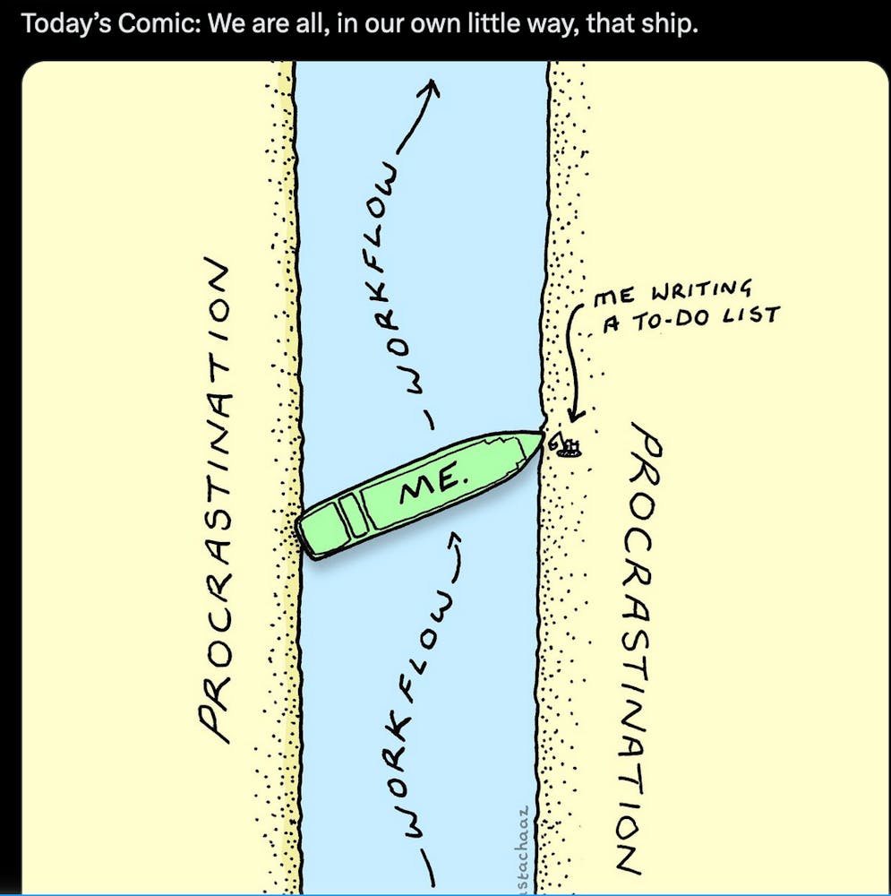 Screen grab of a twiter post of an illustration of a large ship from being stuck in a river.