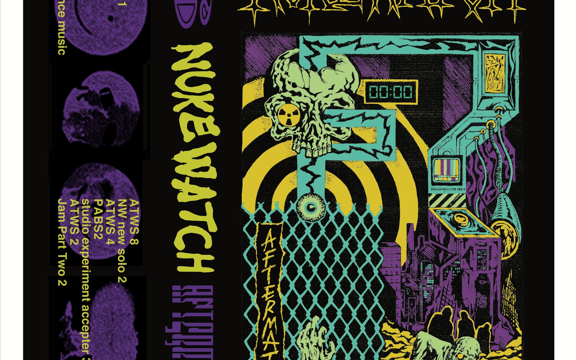 Layout of front, spine, and back of a cassette tape insert, featuring illustrations and distorted typography