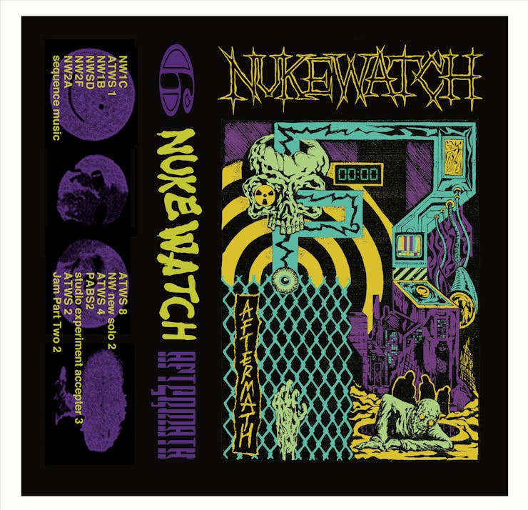 Layout of front, spine, and back of a cassette tape insert, featuring illustrations and distorted typography