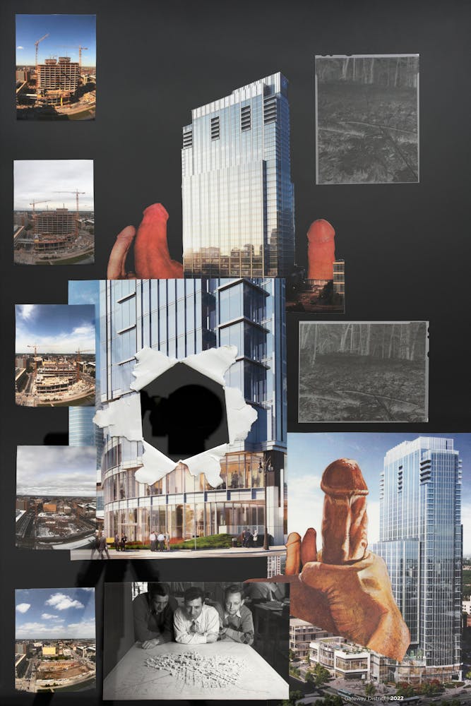 7. Collage photograph of the RBC Gateway building against a black backdrop and among many cut out phalluses. Other collage materials include an image of the city planners from the original Gateway District redevelopment project, time lapse video screengrabs of the construction of the RBC Gateway Building, and 4x5 negatives of land in North-Central Minnesota.