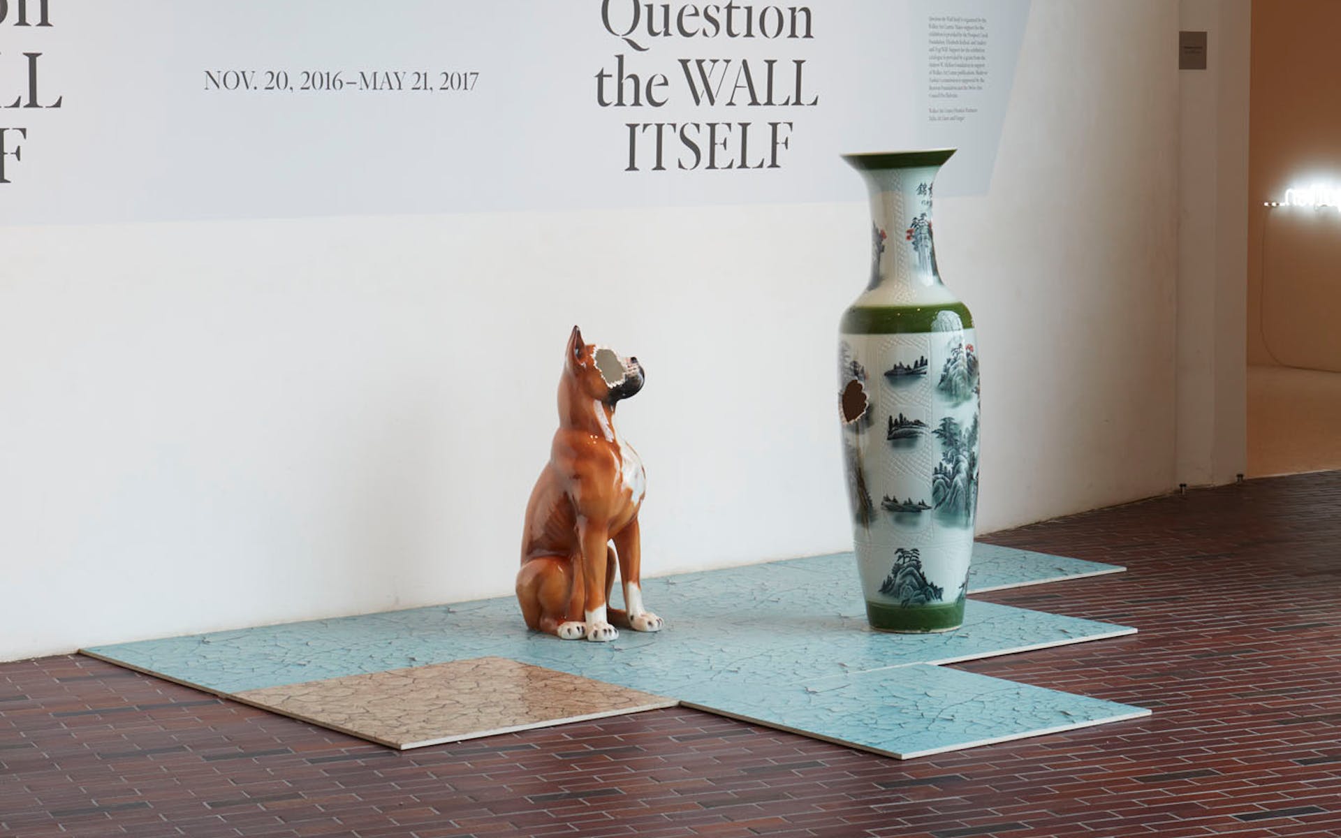View of the exhibition Question the Wall Itself, 2016; Nina Beier, Selections from China, 2016; (floor) Nina Beier, Tileables, 2014 (Photo: Gene Pittman, ©Walker Art Center)