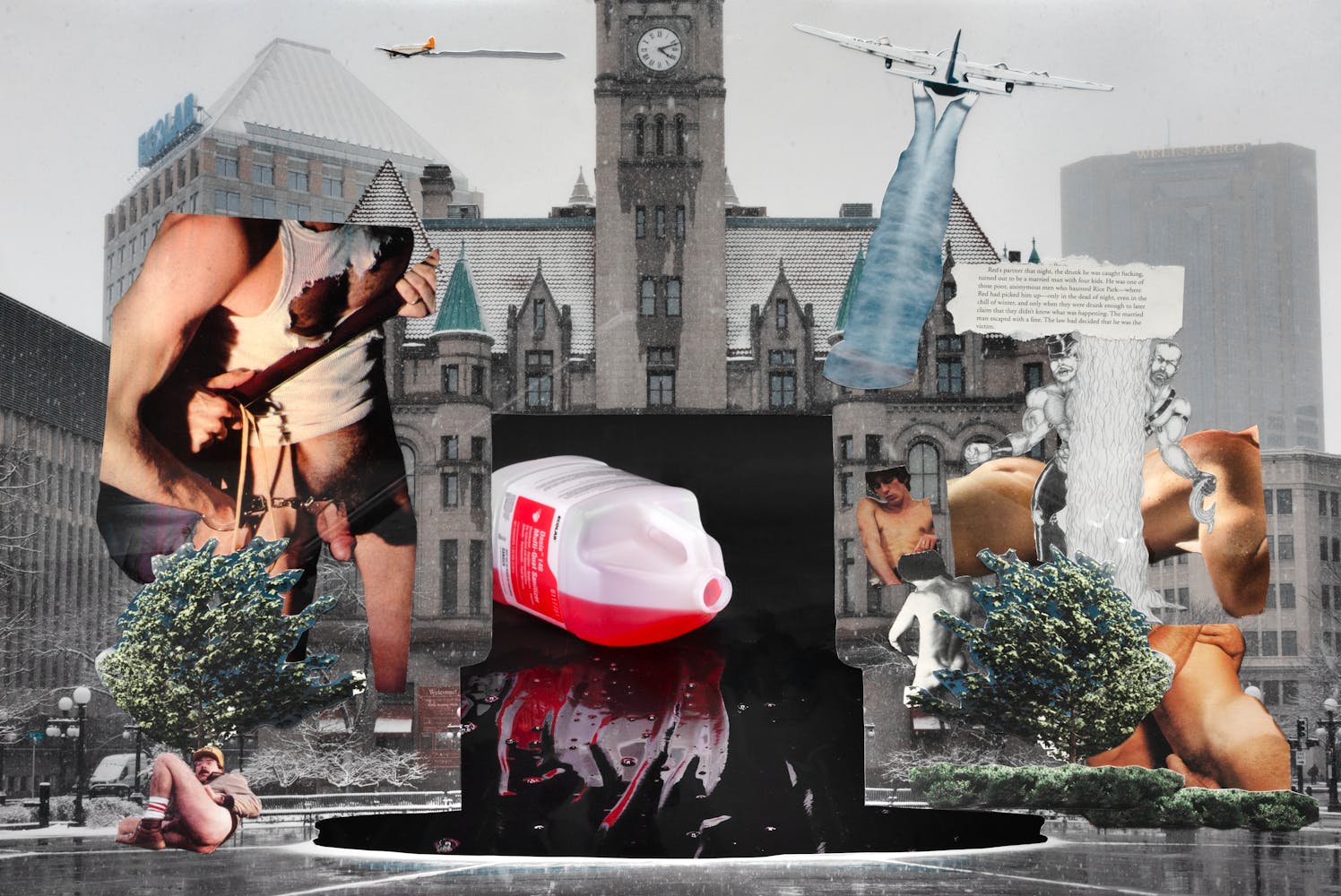 8. Photograph of a printed image of Rice Park with the cut out of the park’s fountain. In its place is a large container of Ecolab’s sanitizer. Other collage materials surround the sanitizer container, including tree cut outs from image renderings of Ecolab park, gay vintage pornography, and an excerpt from the memoir The Evening Crowd at Kirsmers.