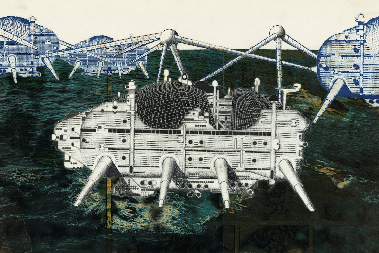 Collage-style architectural rendering of a large walking city