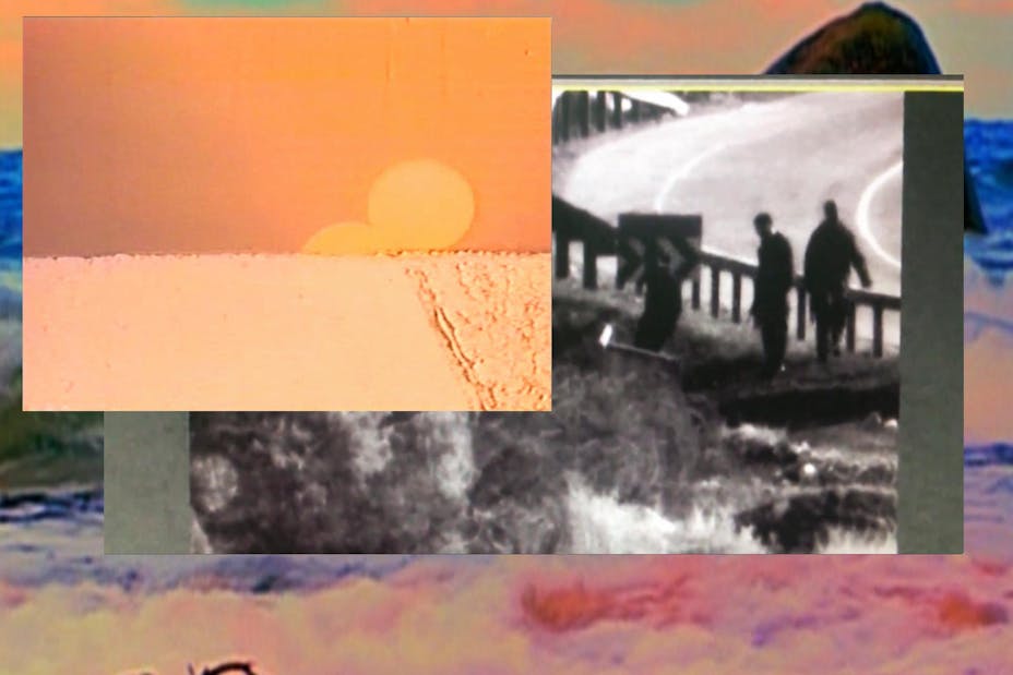 Collaged images – an orange sunset, a black and white roadside with shadowed figures, and pinks blues in the background.