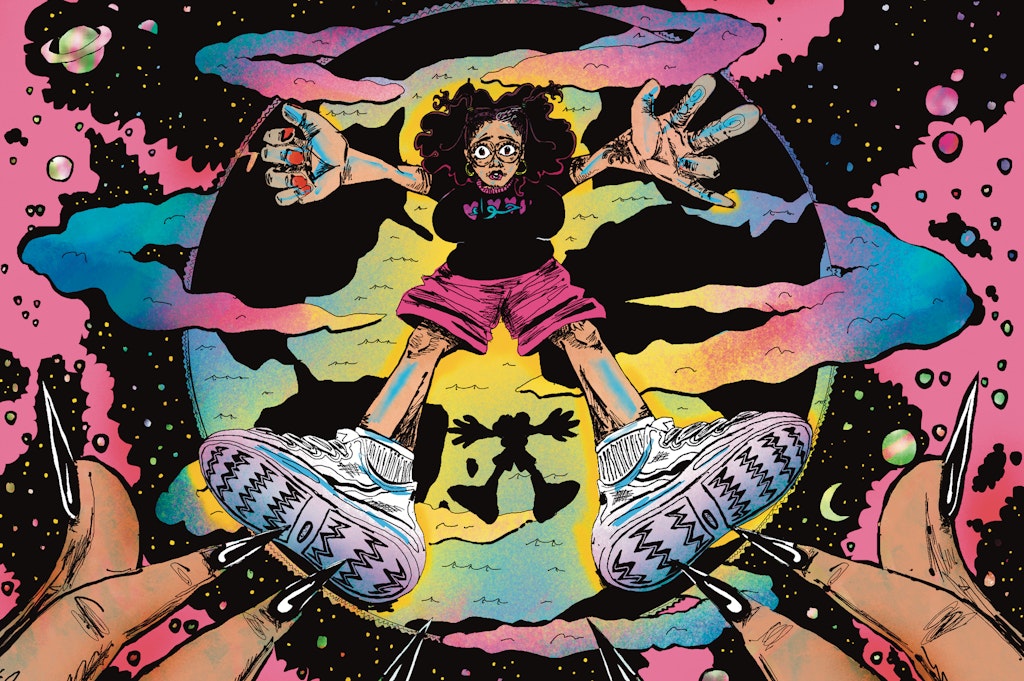 Colorful illustration of an adult with glasses and tennis shoes, pink shorts and arms outstretch floating in space.