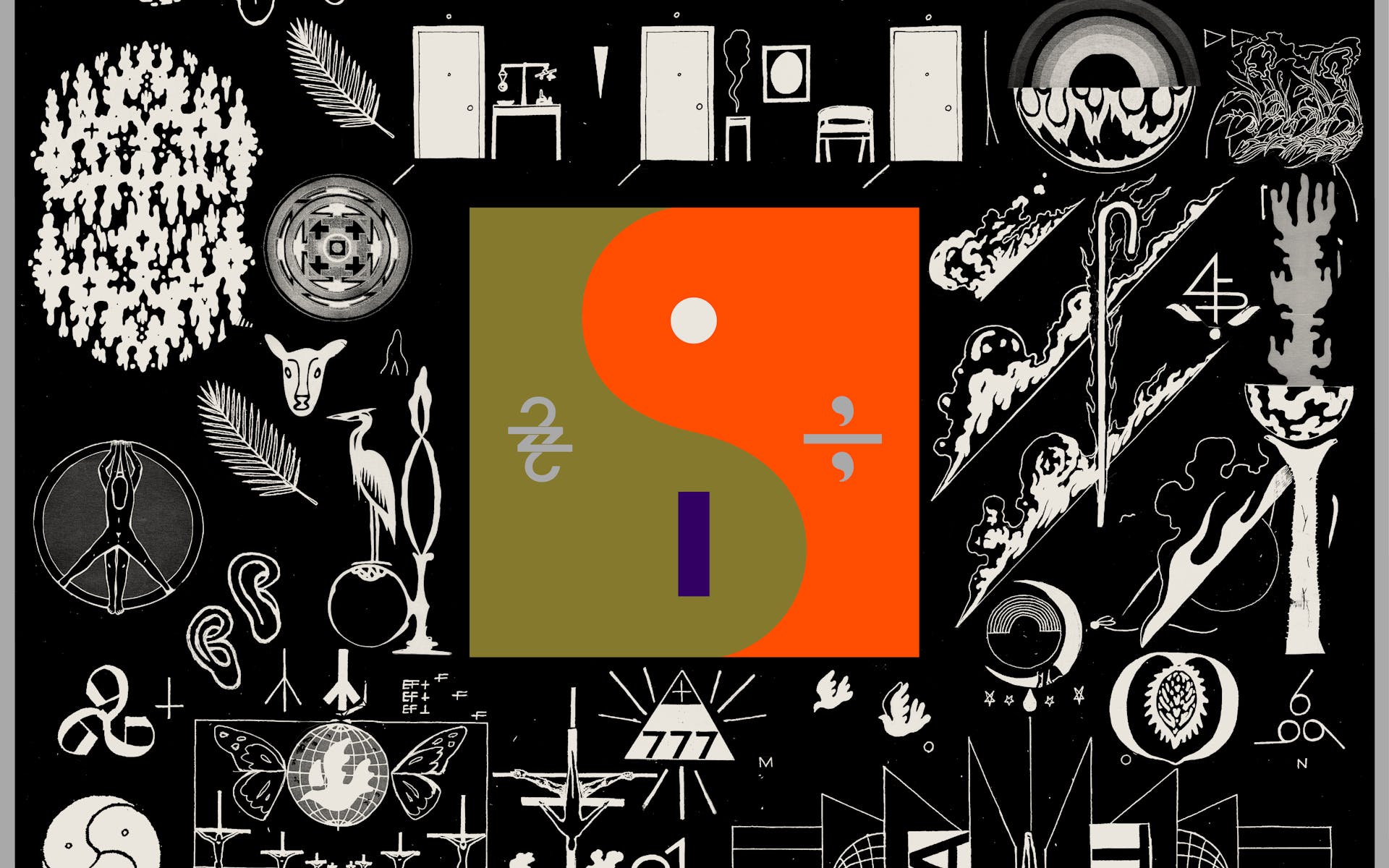 Front cover of album featuring a variety of small symbols surrounding a squared off yin yang symbol