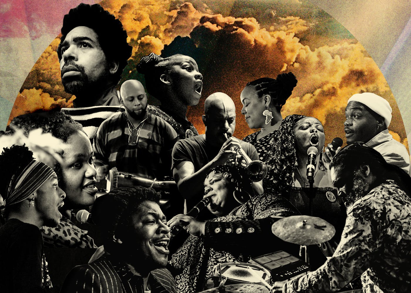 A collage shows 12 Black musicians compiled together, overlapping. All are shown from the waist up. Some sing at a microphone, others play the drums. Others still do neither.