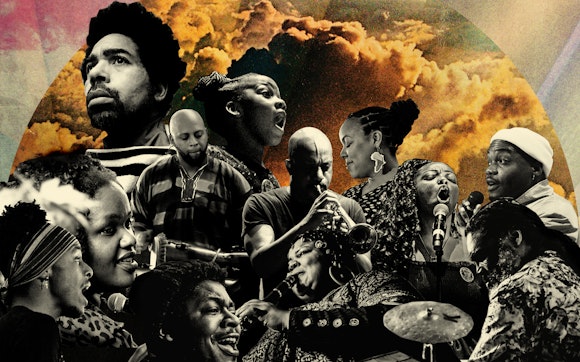 A collage shows 12 Black musicians compiled together, overlapping. All are shown from the waist up. Some sing at a microphone, others play the drums. Others still do neither.