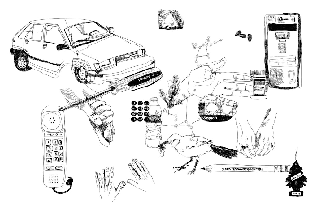 Collage of line drawings of various elements; car, bird, phone, hands, pencil