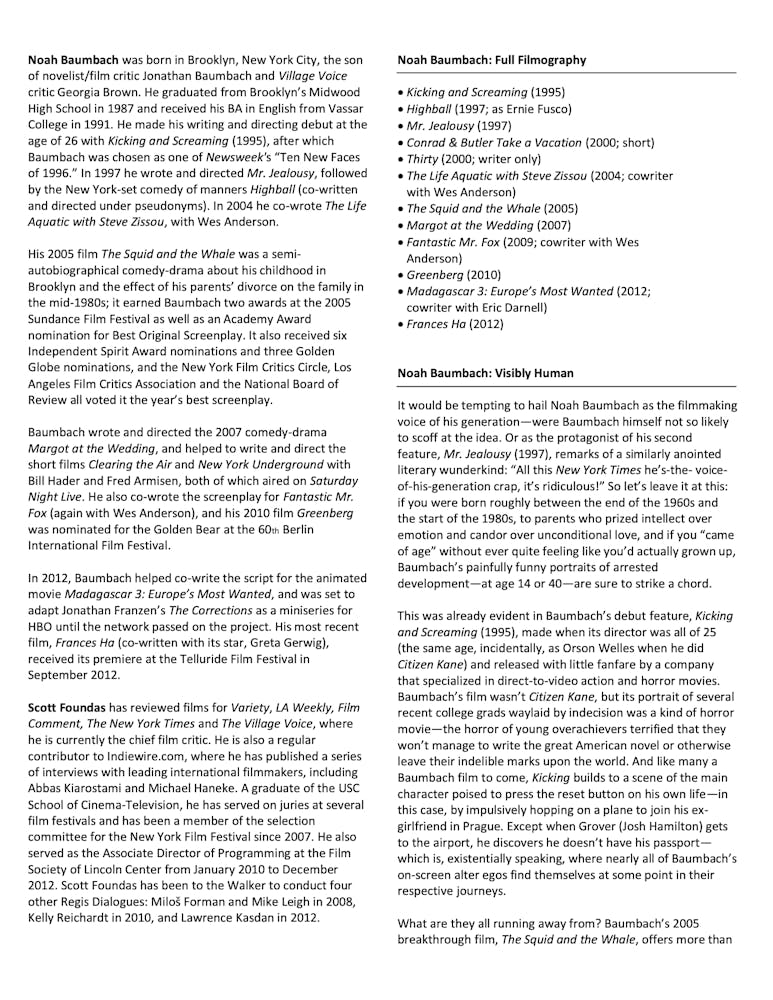 Noah Baumbach Dialogue event program notes page 2