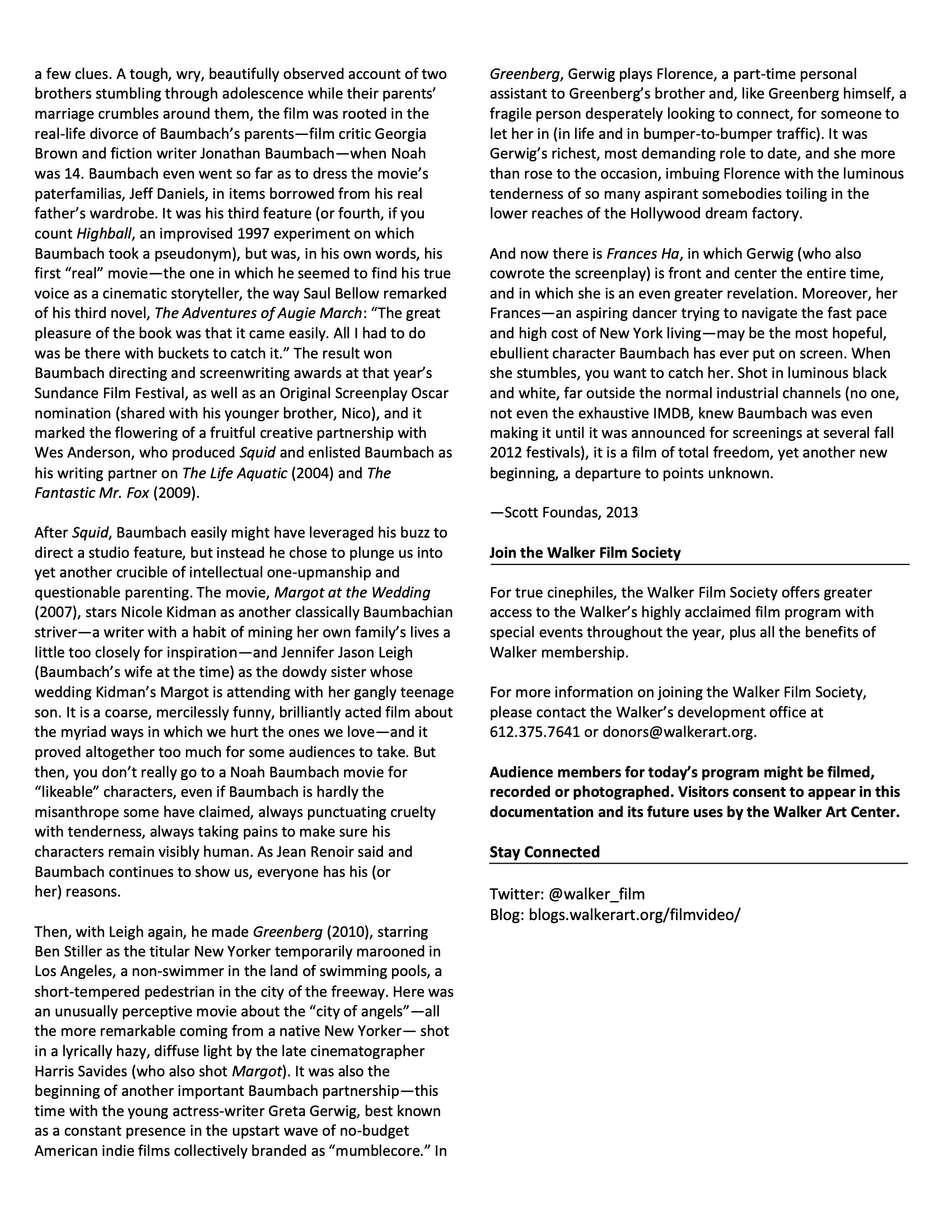 Noah Baumbach Dialogue event program notes page 3