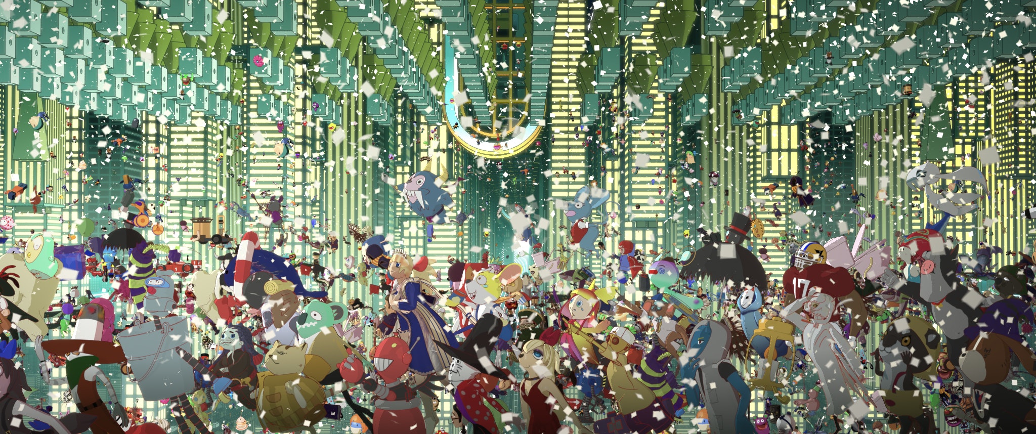 Hundreds of varied 2D animated characters parade through a virtual reality environment surrounded by bits of white confetti.
