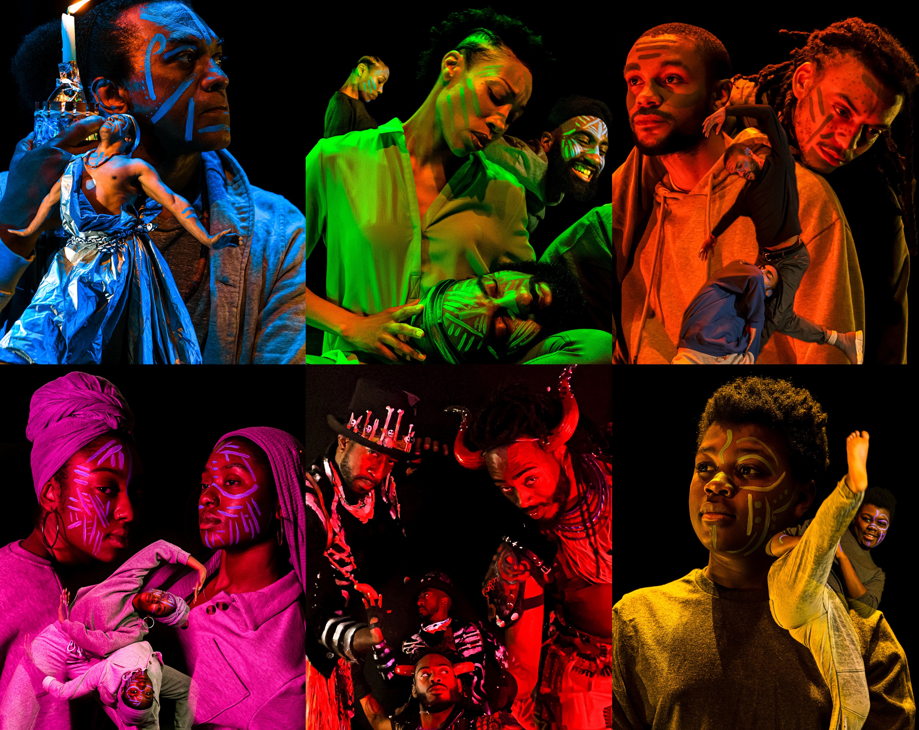 “A composite image features six portraits of Black dancers and choreographers, posed and in performance, each highlighted in a single color of blue, green, orange, pink, red, or yellow. The performers all have bold lines painted on their faces in the style of traditional African face painting. In the foreground of the blue portrait, a dancer in a billowing costume covering one shoulder looks toward the sky with arms outstretched above hip level, hands flexed; in the background, a dancer looks left in profile while holding up a lit candle that illuminates their painted face. In green, a seated dancer in a blouse cradles the head of another performer in their lap, tenderly leaning toward them. Bathed in orange light, a pair of dancers dressed in hoodies pose together, one rests their head on the other’s shoulder. In the foreground, one dancer leaps above the other, captured in movement. In the pink portrait, two dancers with scarves wrapped or draped on their heads stand next to each other; one looks at the camera in profile. In the foreground, they twist around each other, arms, legs, and bodies curving and in motion. In red, two bearded performers in embellished outfits, one wearing horns and the other a tall hat, reach out and lean in toward the camera. In yellow, a solo dancer in the foreground, dressed in a unitard, kicks up one leg toward the camera, leaning back with their bare foot flexed and extending above their head. In the background portrait, a dancer stands tall as light shines on their natural black hair and across one shoulder.”