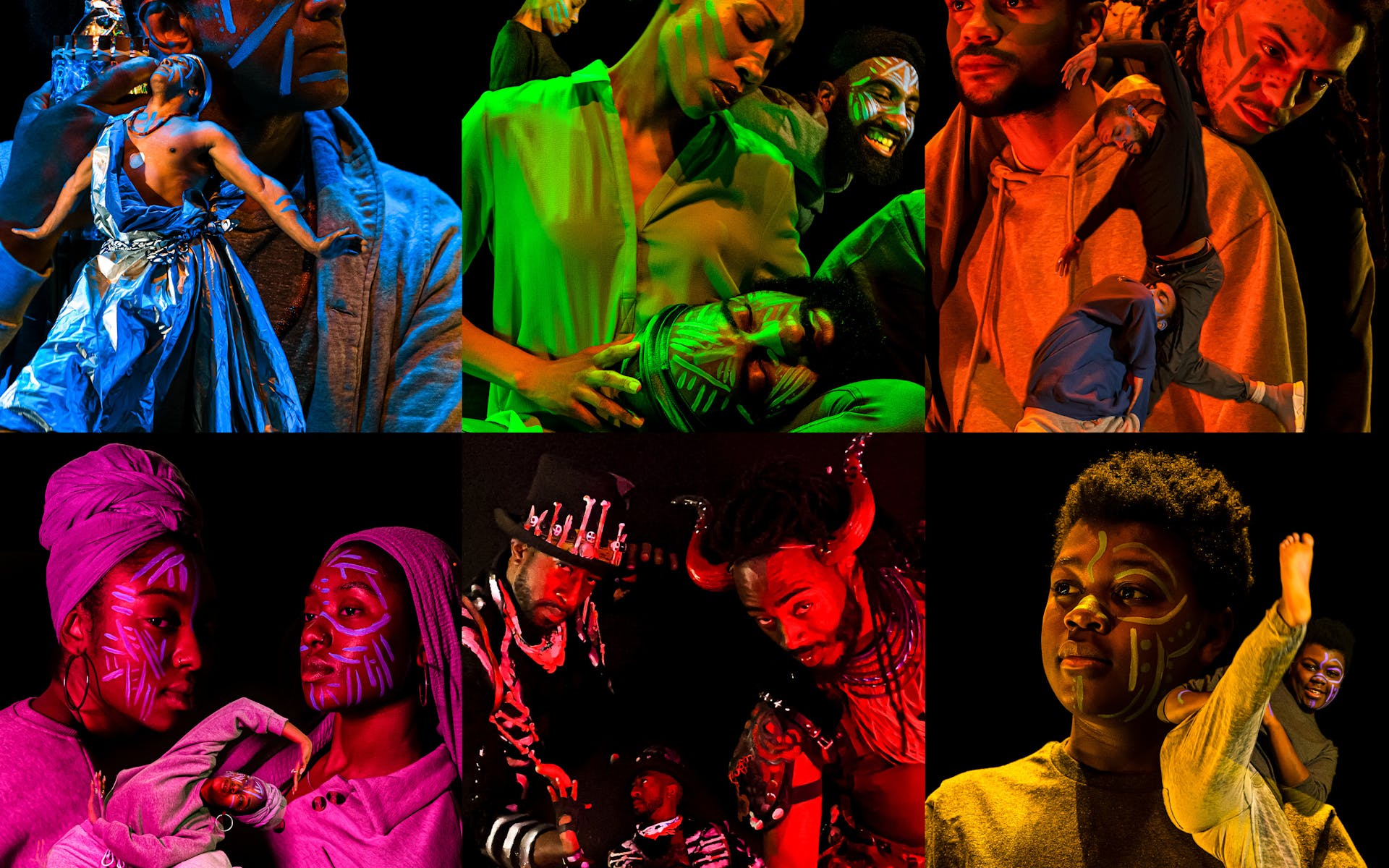 “A composite image features six portraits of Black dancers and choreographers, posed and in performance, each highlighted in a single color of blue, green, orange, pink, red, or yellow. The performers all have bold lines painted on their faces in the style of traditional African face painting. In the foreground of the blue portrait, a dancer in a billowing costume covering one shoulder looks toward the sky with arms outstretched above hip level, hands flexed; in the background, a dancer looks left in profile while holding up a lit candle that illuminates their painted face. In green, a seated dancer in a blouse cradles the head of another performer in their lap, tenderly leaning toward them. Bathed in orange light, a pair of dancers dressed in hoodies pose together, one rests their head on the other’s shoulder. In the foreground, one dancer leaps above the other, captured in movement. In the pink portrait, two dancers with scarves wrapped or draped on their heads stand next to each other; one looks at the camera in profile. In the foreground, they twist around each other, arms, legs, and bodies curving and in motion. In red, two bearded performers in embellished outfits, one wearing horns and the other a tall hat, reach out and lean in toward the camera. In yellow, a solo dancer in the foreground, dressed in a unitard, kicks up one leg toward the camera, leaning back with their bare foot flexed and extending above their head. In the background portrait, a dancer stands tall as light shines on their natural black hair and across one shoulder.”
