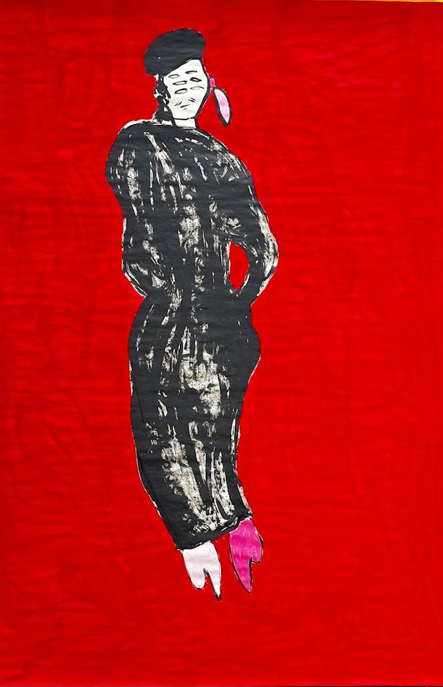 painting with a figure in a black cap and black long robe or dress centered in a bright red textured background