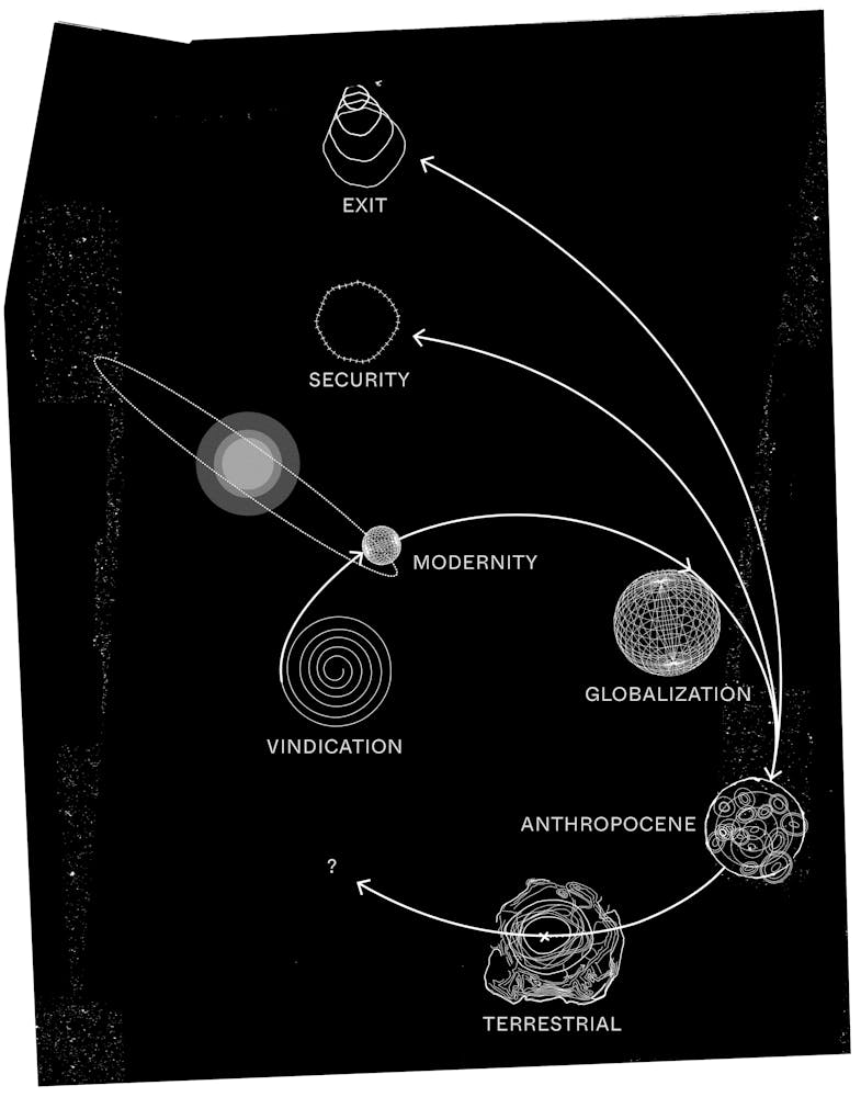 Line drawing diagram illustrating solar system consisting of seven fictional planet
