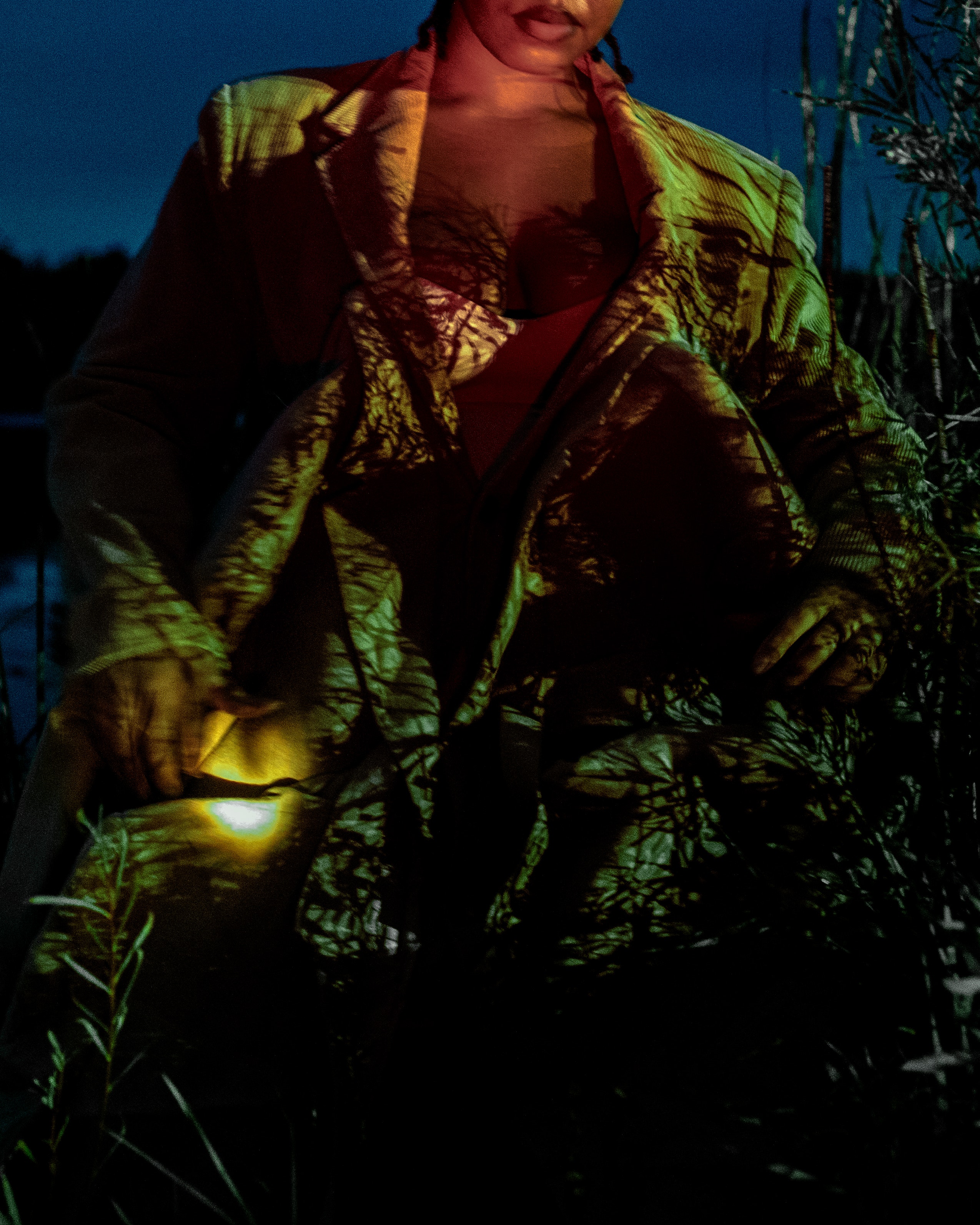 Close up of a person standing in plants near a lakeshore at night.