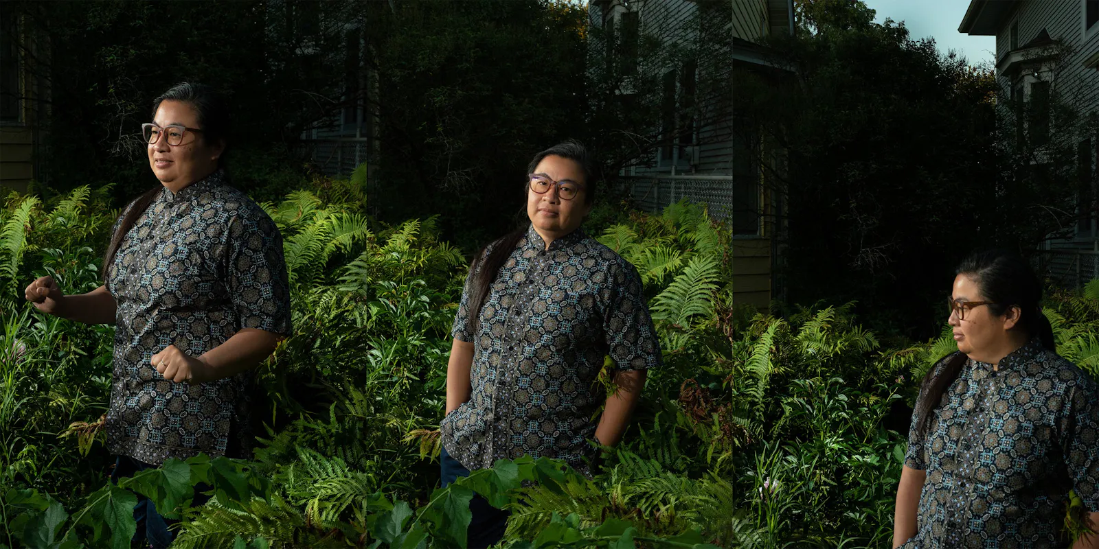 Tryptic of person standing in dense foliage, facing a different direction in each shot
